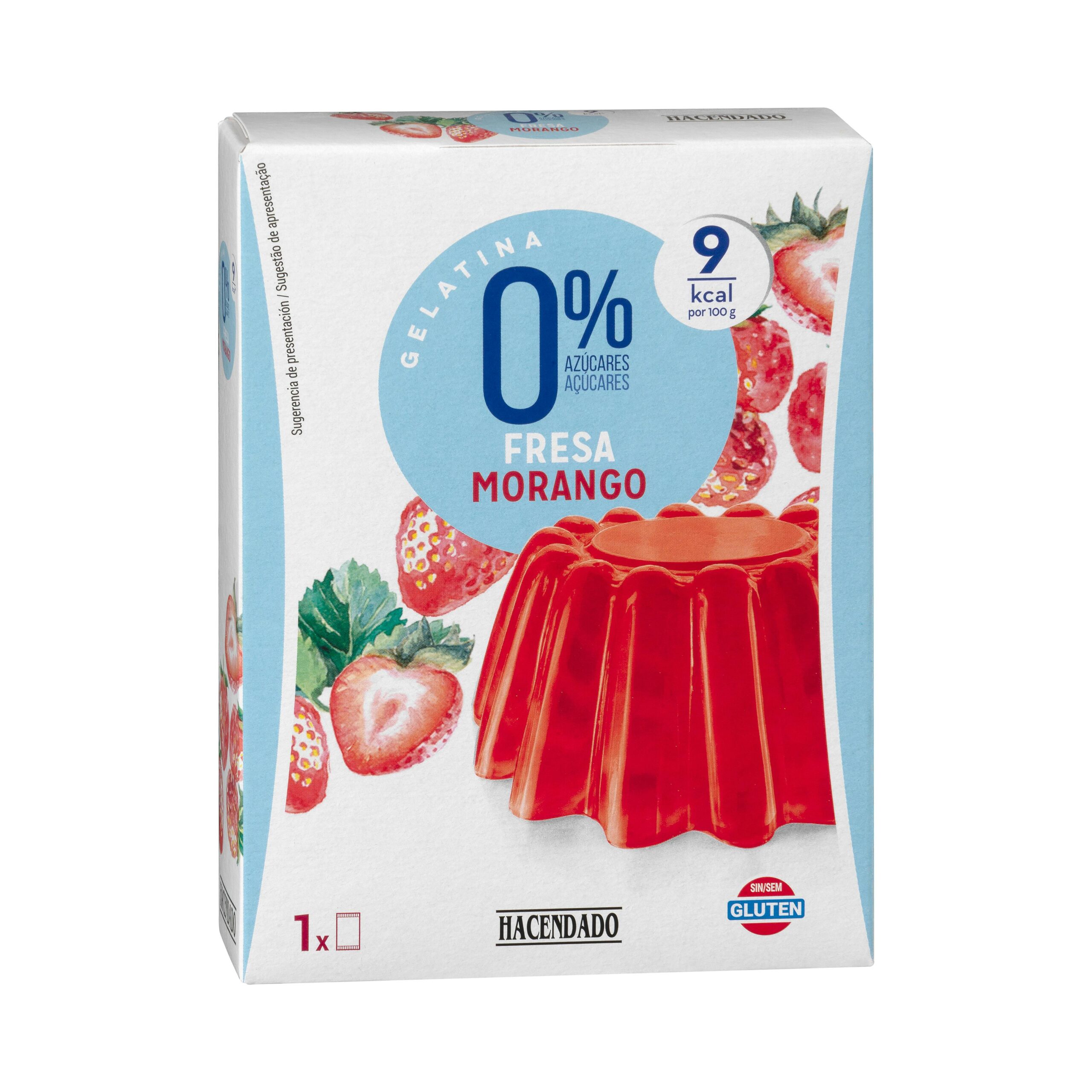 Etiqueta Preparado en polvo gelatina fresa Hacendado 0% azúcar